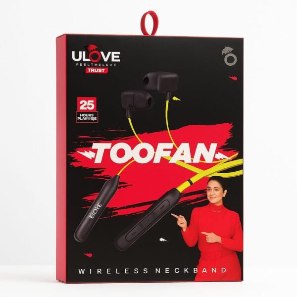 ULOVE (TOOFAN SERIES) Newly Launched True Wireless Neckband/Earphones/TWS Stereo Headphones with Bluetooth V5.0 Sweat Proof, Extra-Long Playtime, Built-in Mic with Sports and Workout With A Classy And Trendy (Yellow) Colour In The Ear
